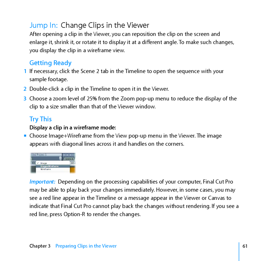 Apple 7 manual Jump In Change Clips in the Viewer, Display a clip in a wireframe mode, Getting Ready, Try This 